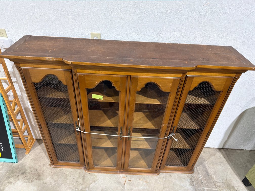 Wood Breakfront Display Cabinet with Glass and Wire Mesh Doors
