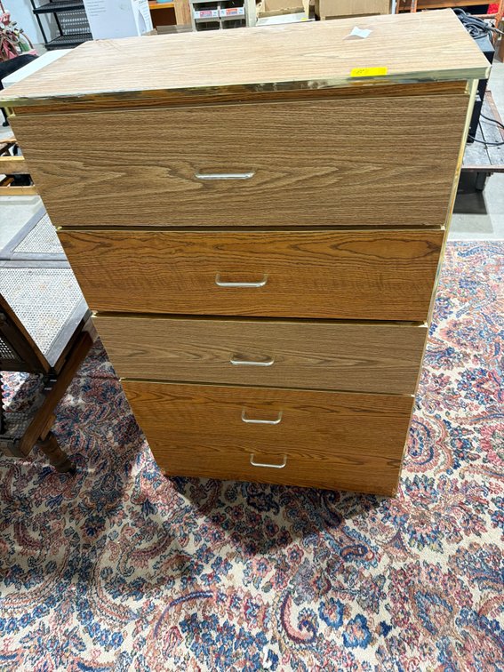 Faux Oak Laminate Chest with Brass-Tone Trim