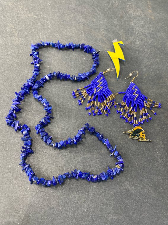 Gemstone Necklace, Beaded Earrings, and Chargers Pins