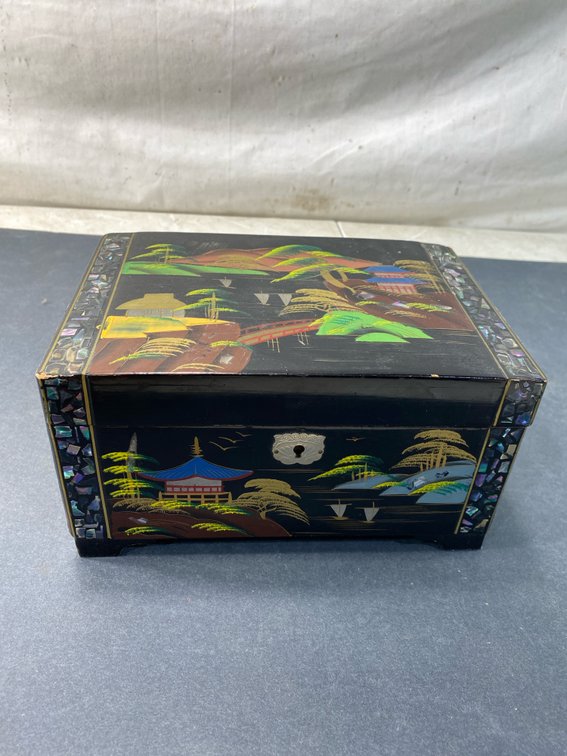 Black Lacquer Inlaid Jewelry Box with Costume Jewelry