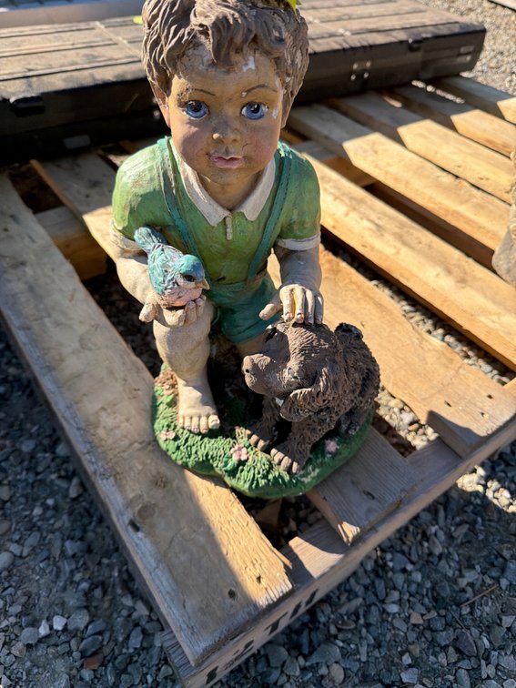 Painted Cast Garden Statue of Boy with Dog and Bird