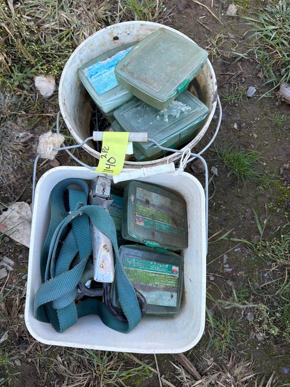 Plastic Buckets, Staple Gun, Strap, and Storage Containers