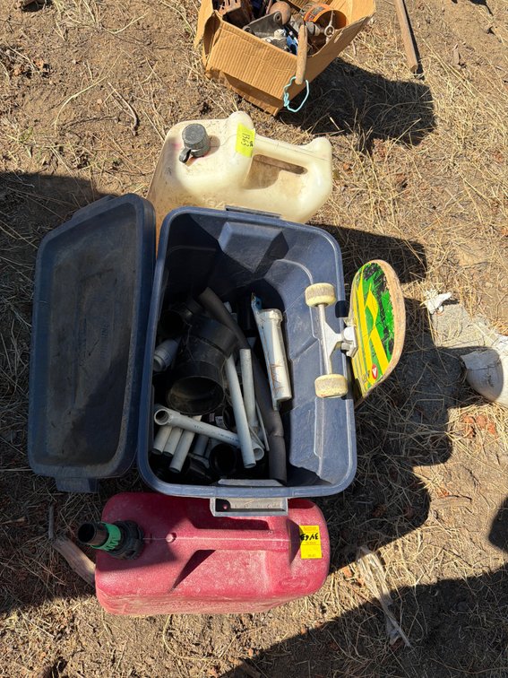 Skateboard, Plumbing Tote, and Fuel Container