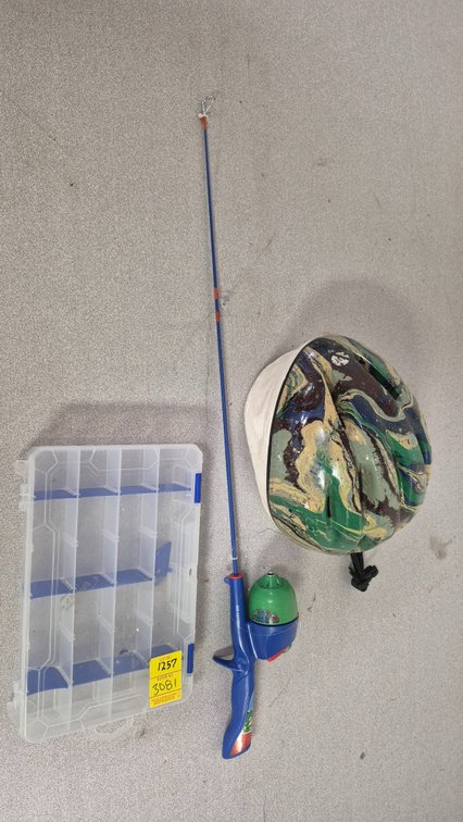 Youth Fishing Rod, Tackle Box, and Helmet