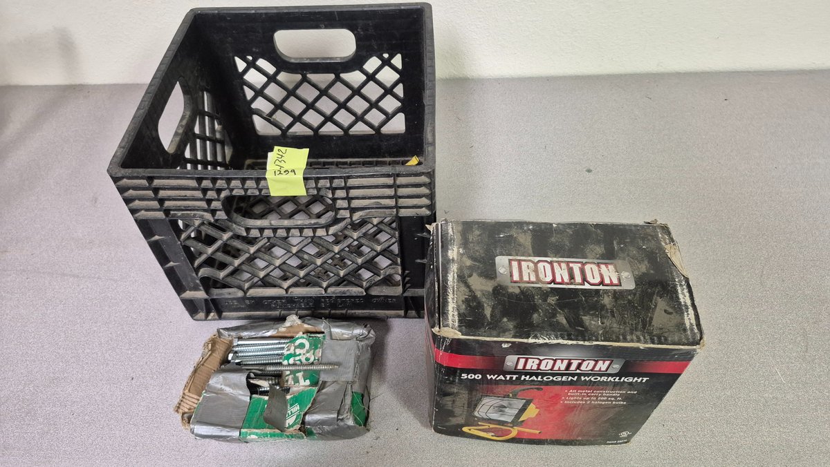 Halogen Worklight, Lag Screw Box, and Plastic Crate