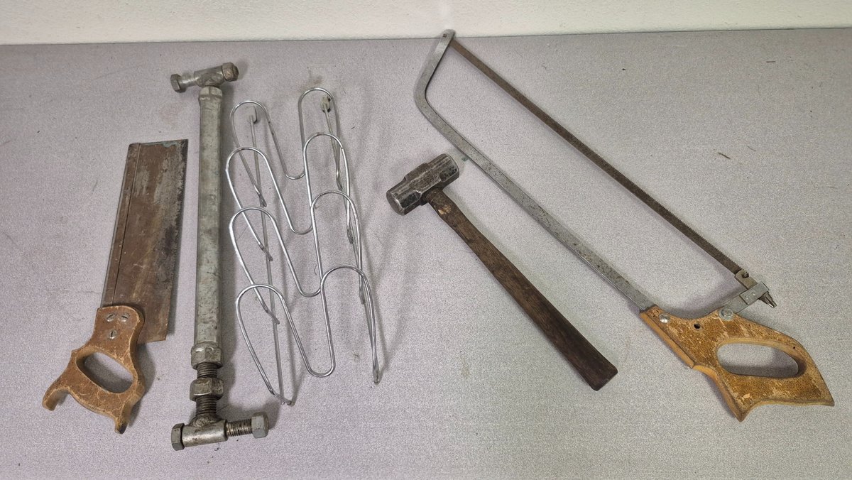 Corsair Back Saw, Bow Saw, Hammer, Trench Strut, and Wire Rack