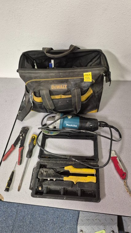 Tool Bag, Angle Grinder, and Hand Tools