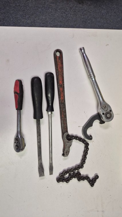 Hand Tools: Chain Wrench, Ratchet, Spanner, and Screwdriver