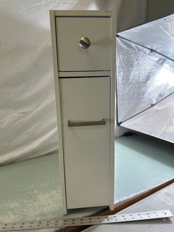 Narrow White Pull-Out Storage Cabinet