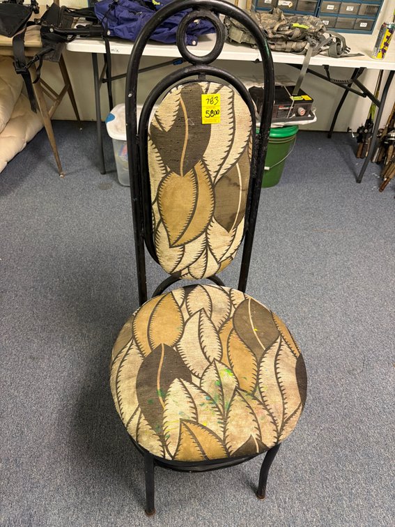 High-Back Metal Chair with Leaf-Pattern Upholstery