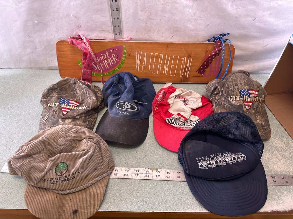 Novelty Baseball Cap and Wooden Watermelon Sign