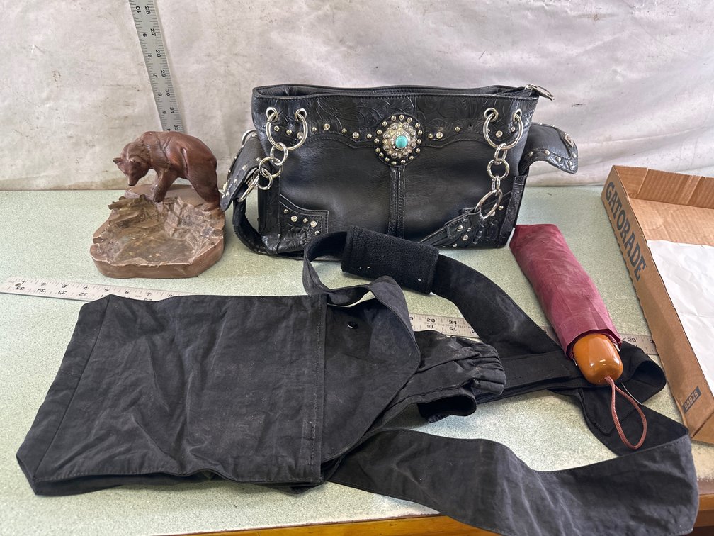 Western Handbag, Figural Tray, Folding Umbrella, and Sling
