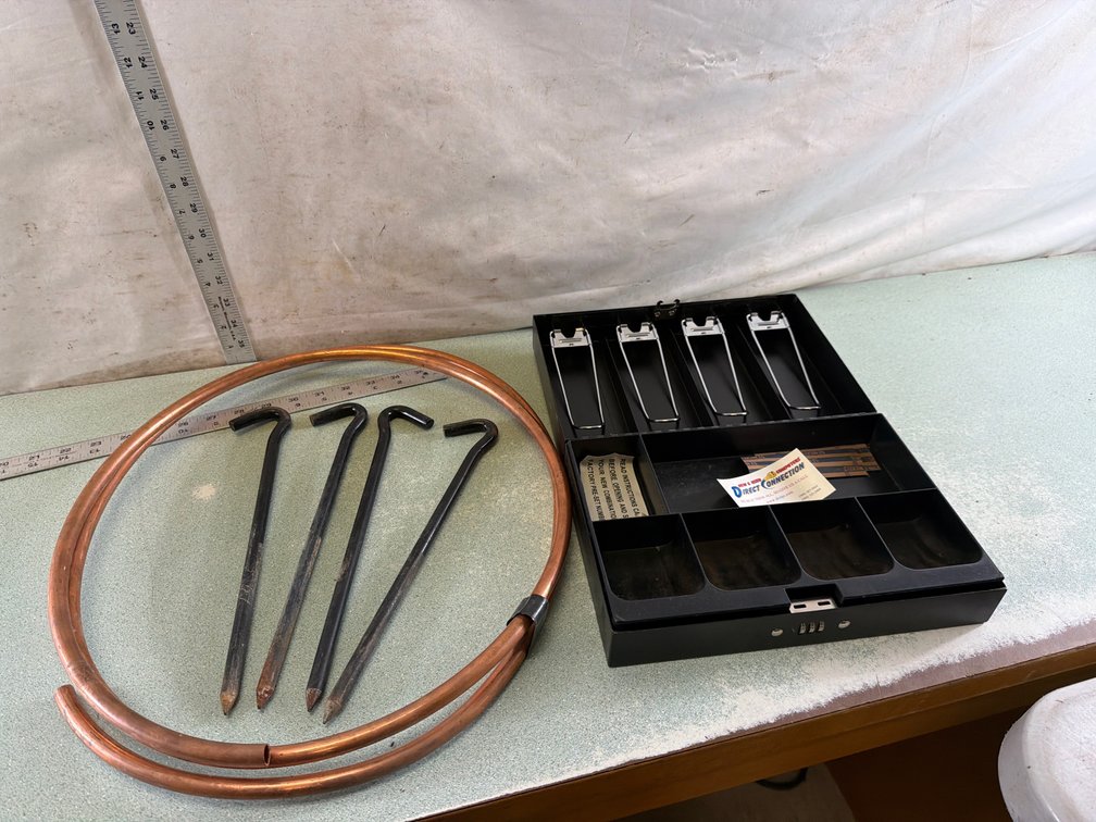 Copper Tubing, Metal Stake, and Cash Box