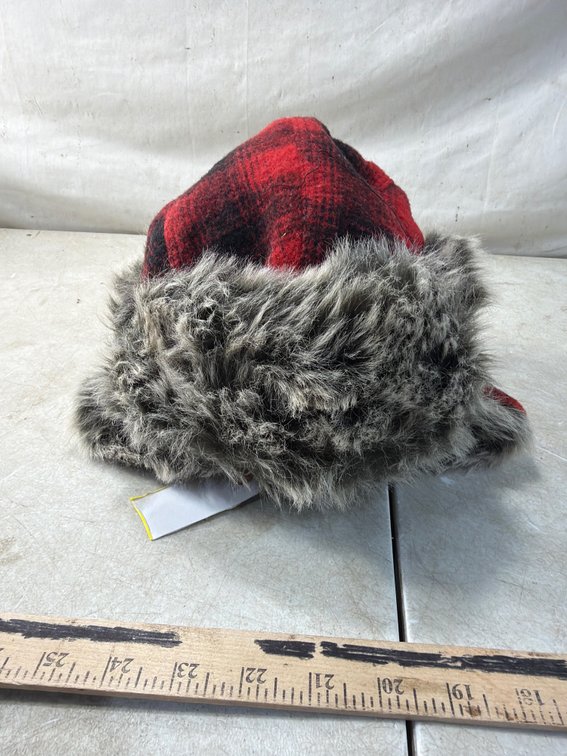 Red and Black Plaid Faux Fur Trapper Hat