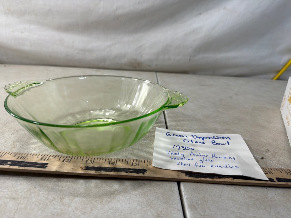 Green Depression Glass Bowl with Shell Fan Handles