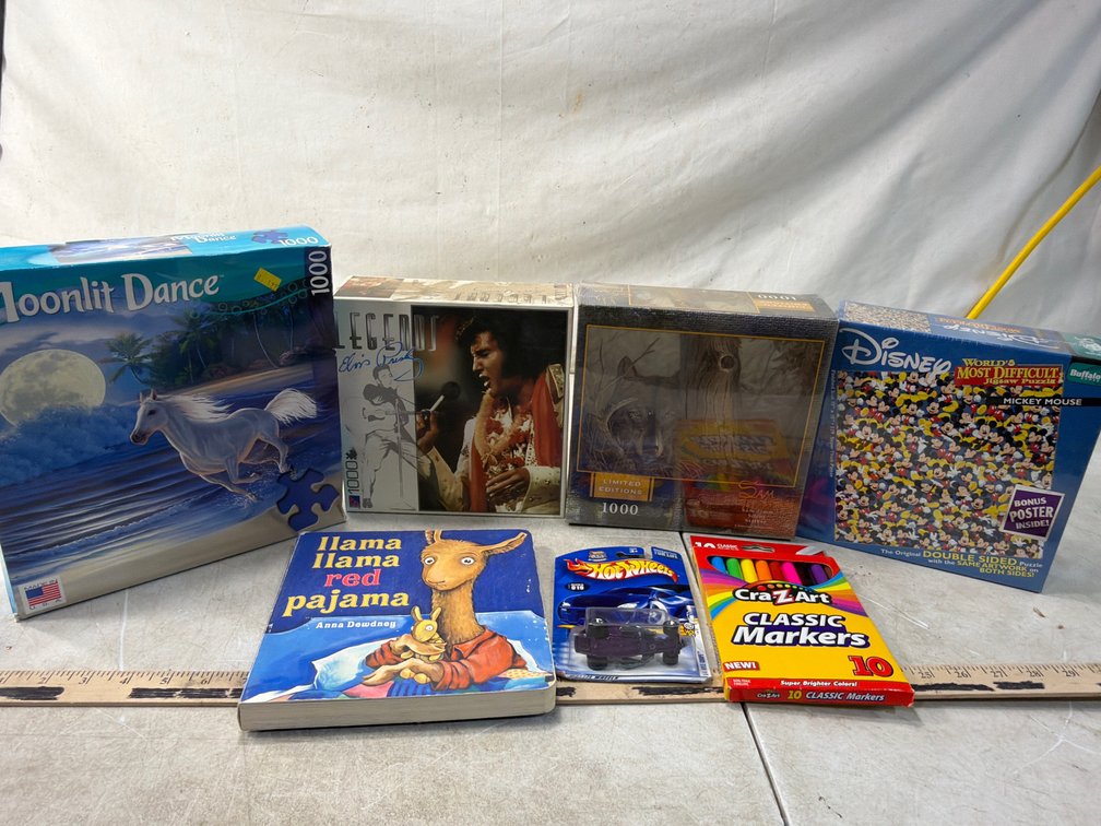 Jigsaw Puzzle, Children's Book, Hot Wheels Car, and Marker Set