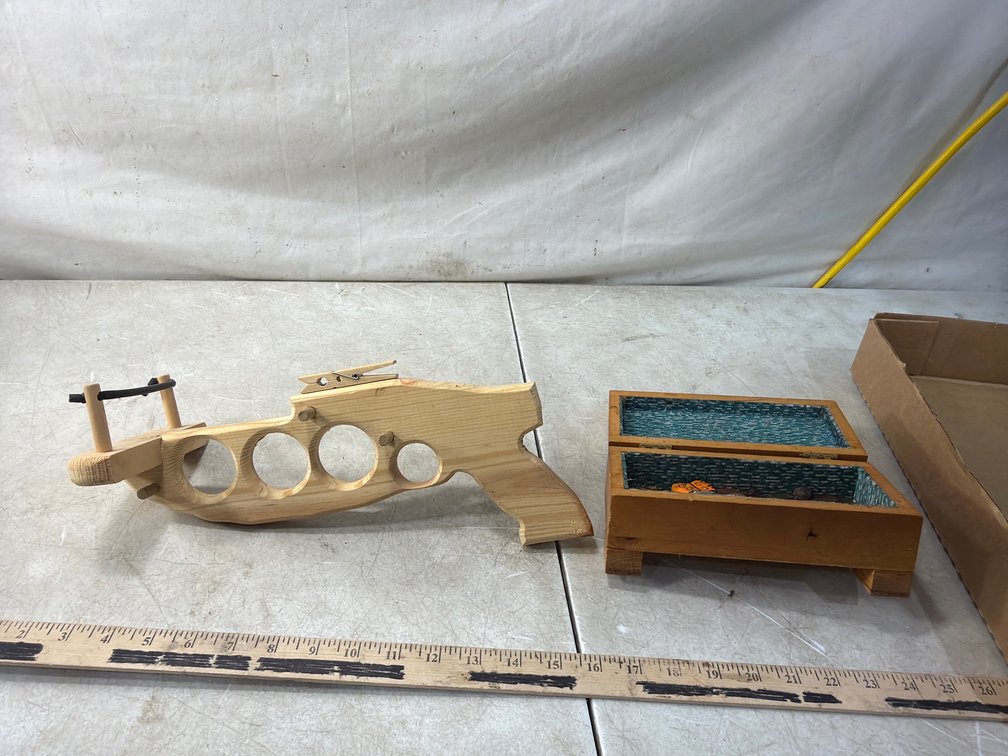 Handmade Wooden Toy Launcher and Inlaid Keepsake Box