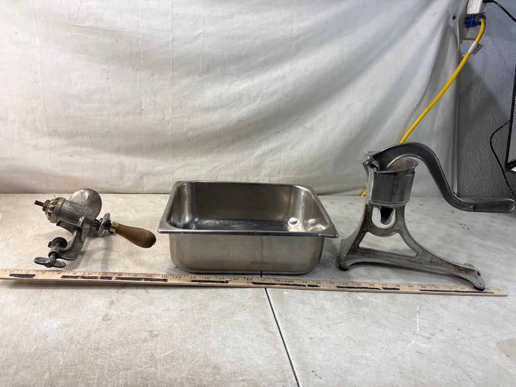 Meat Grinder, Citrus Press, and Stainless Steel Pan