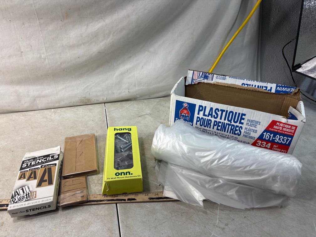Painter's Plastic, TV Wall Mount Hardware Kit, and Stencil Set