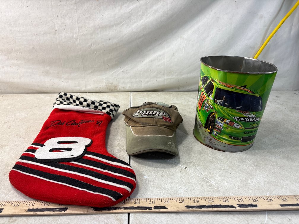 NASCAR Stocking, Cap, and Metal Wastebasket