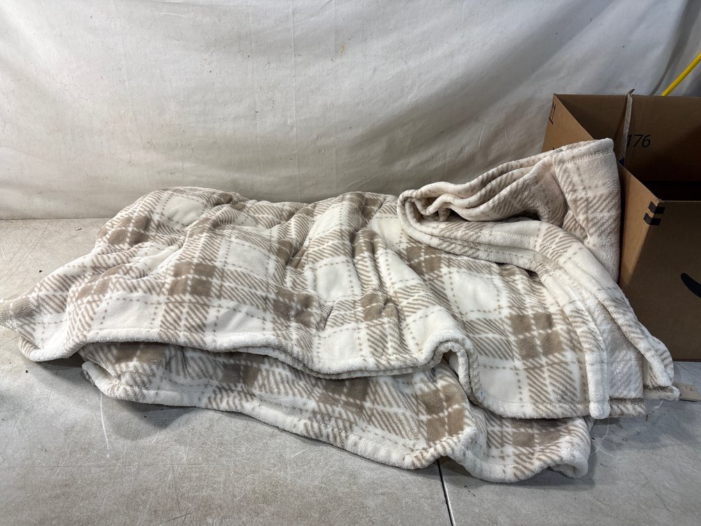Tan and White Plaid Plush Fleece Blanket