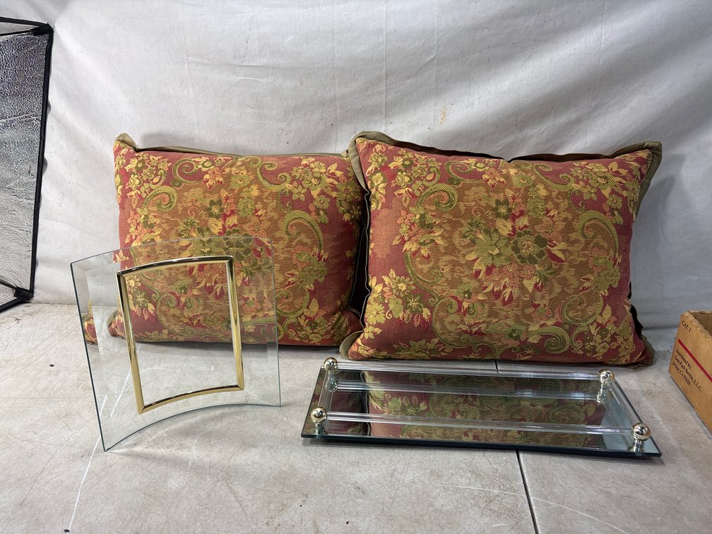 Tapestry Pillows, Curved Glass Frame, and Mirrored Vanity Tray