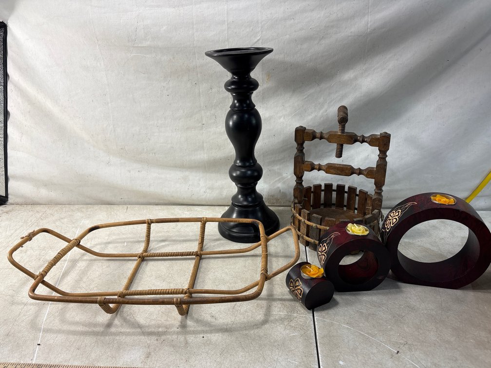Home Decor: Rattan Tray, Candle Holder, Wooden Press, Tealight Holder