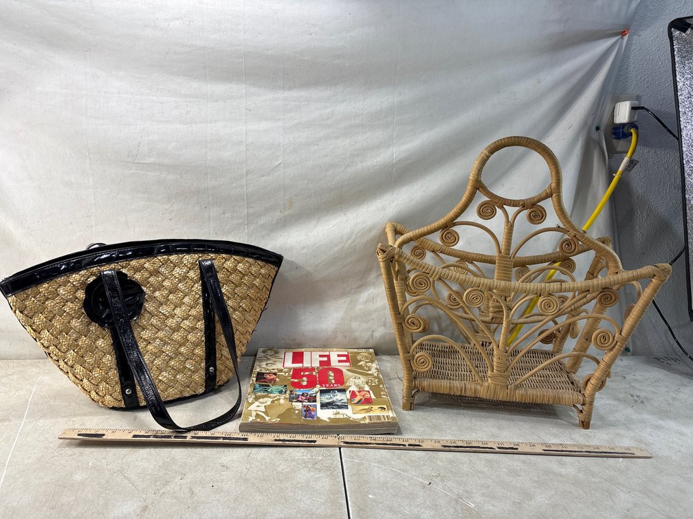 Wicker Magazine Rack, Woven Tote Bag, and LIFE Magazine
