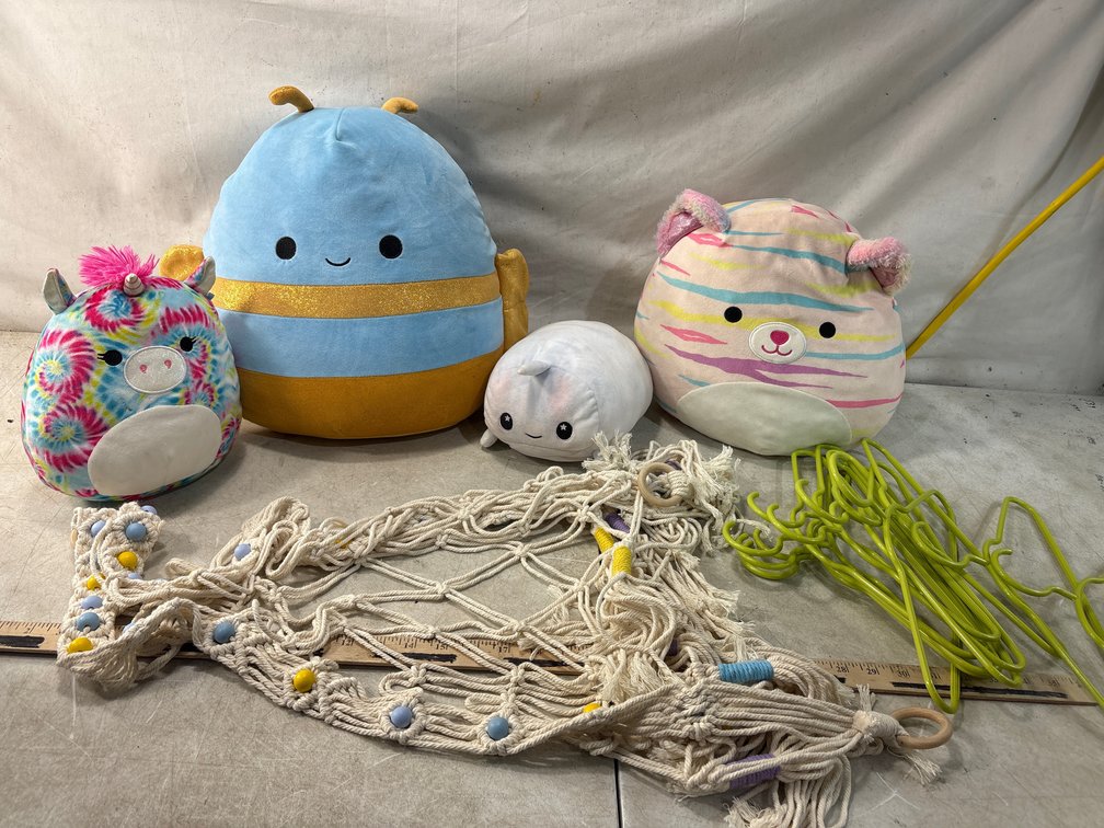Plush Toys, Macrame Toy Storage Hammock, and Wire Hangers
