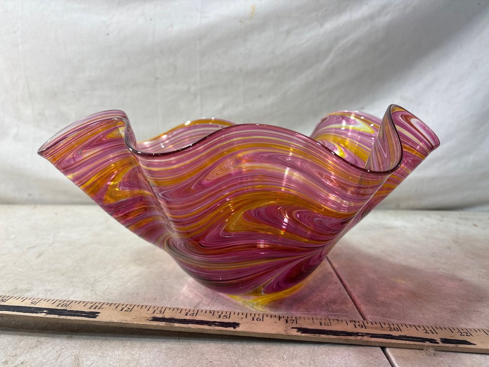 Hand-Blown Ruffled Art Glass Bowl