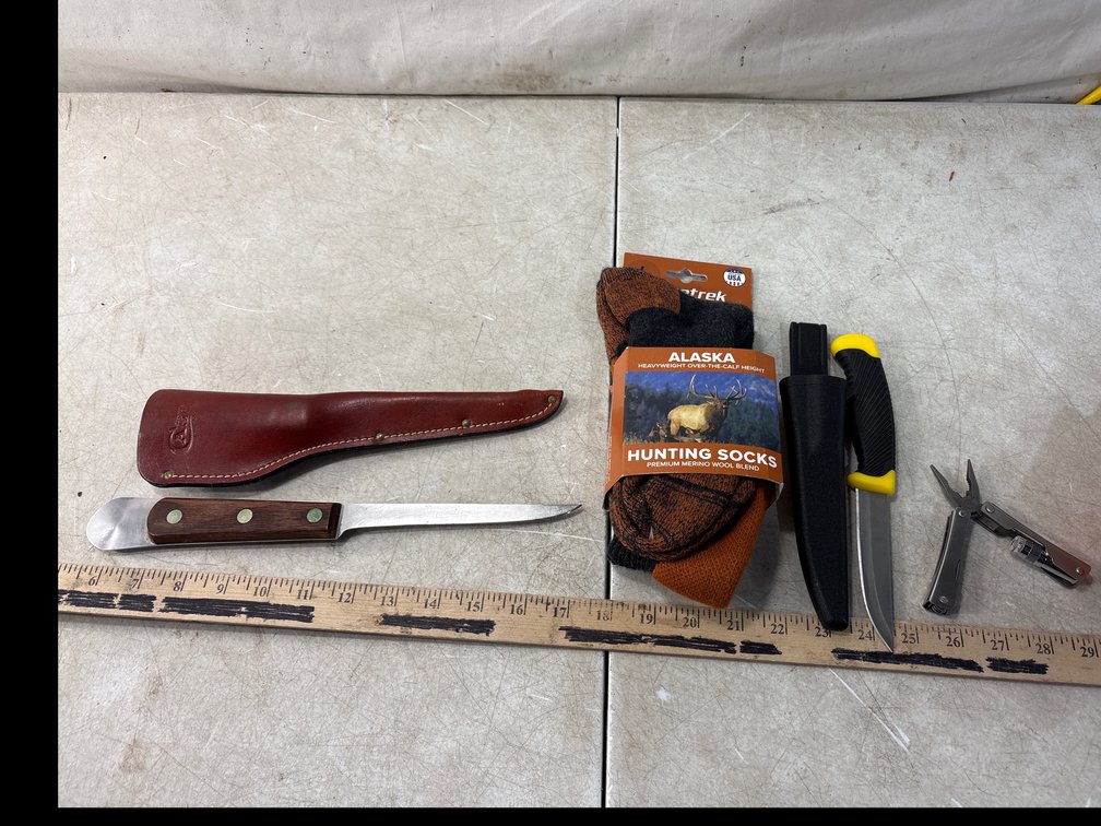 Fixed-Blade Knife, Multi-Tool, and Hunting Socks