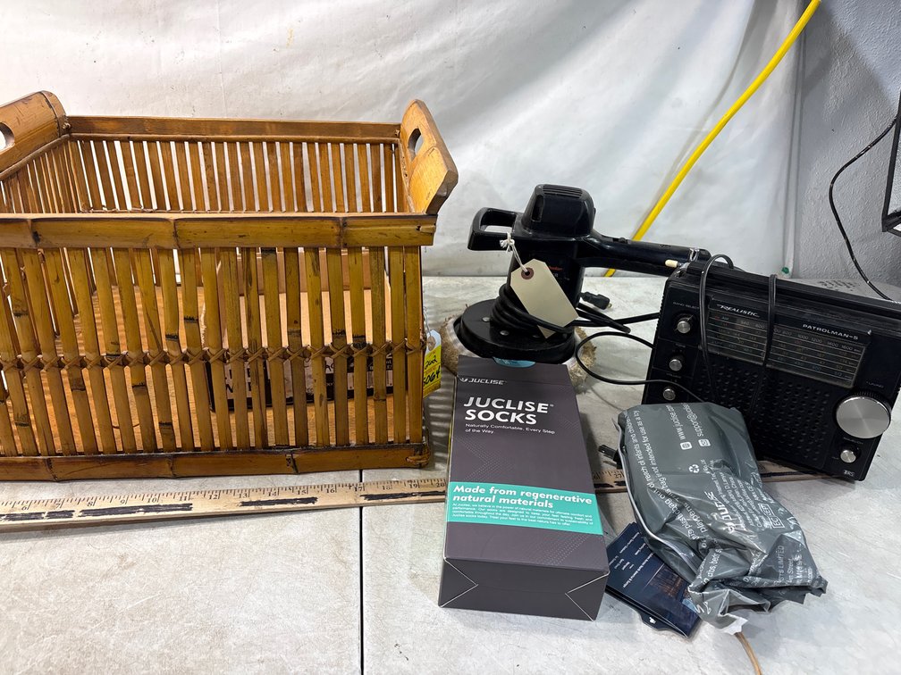 Radio, Polisher, Bamboo Slat Crate, and Socks