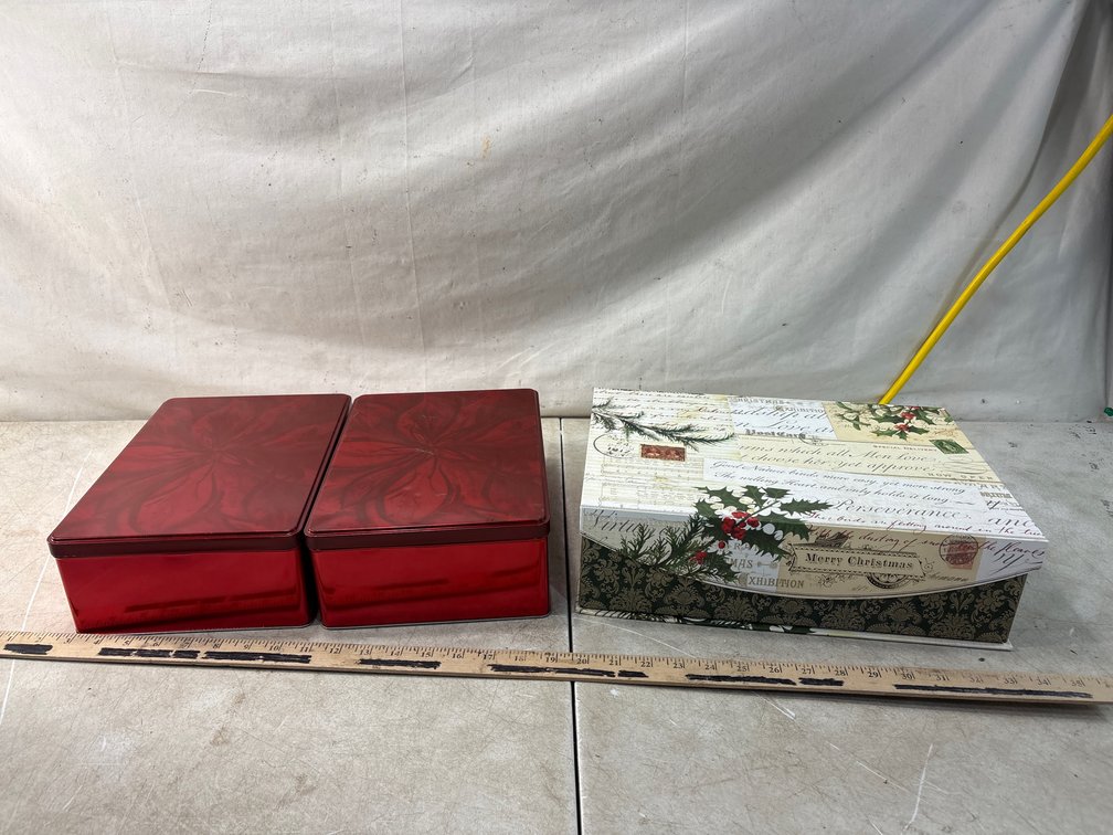 Holiday Decorative Storage Box and Embossed Red Metal Tin