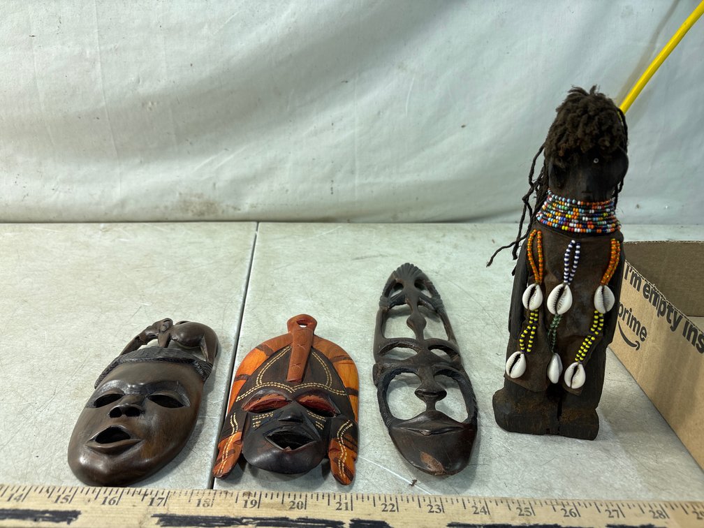 Carved Wood African Style Masks and Standing Figure