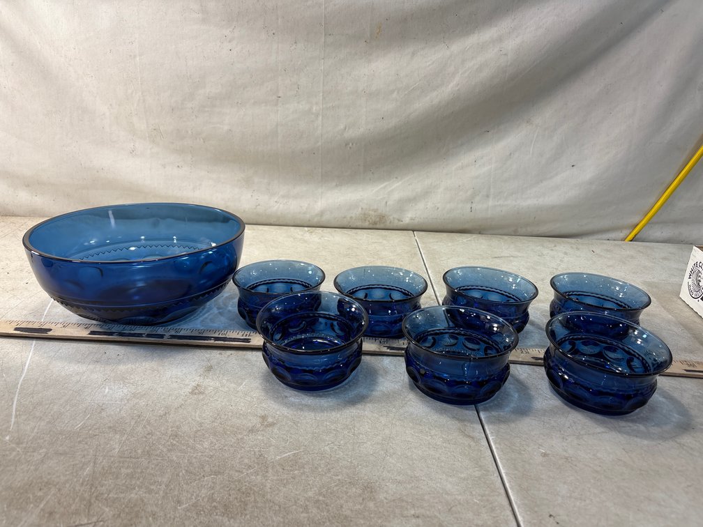 Cobalt Blue Pressed Glass Thumbprint Bowl Set