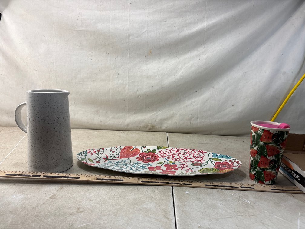 Speckled Pitcher, Oval Platter, and Tumbler