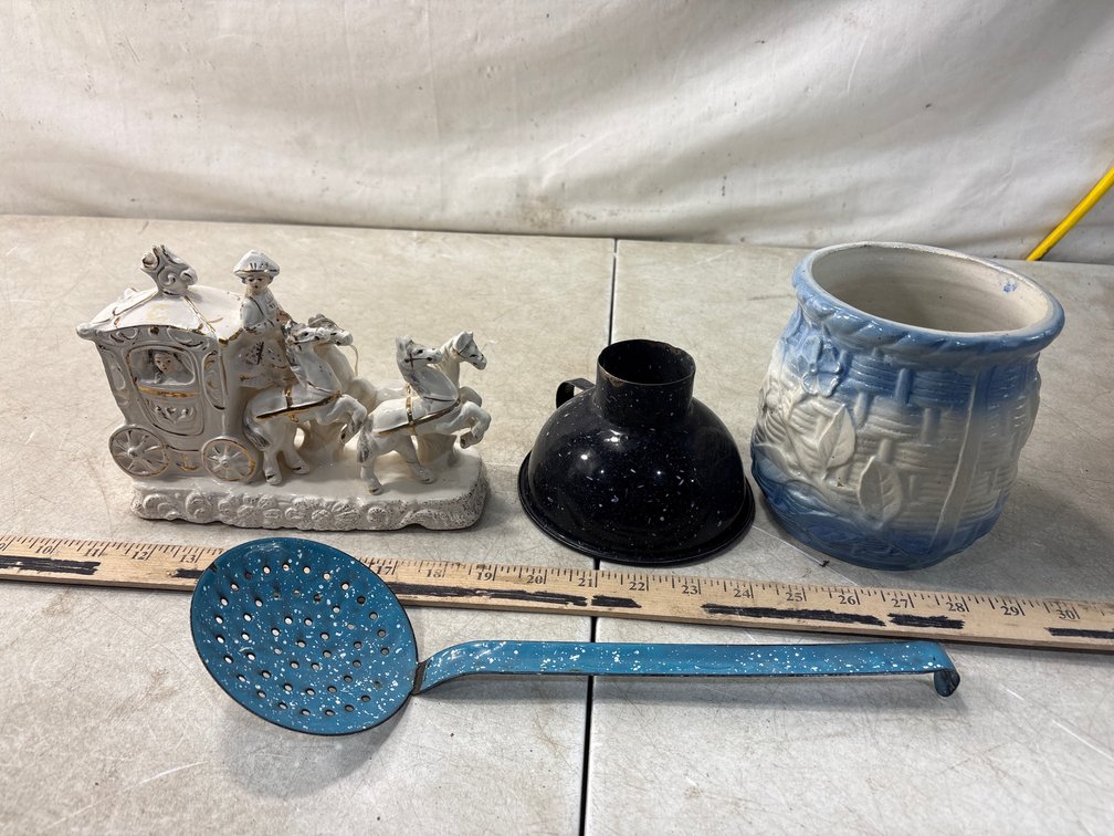 Ceramic Carriage Figurine, Crock, and Enamelware