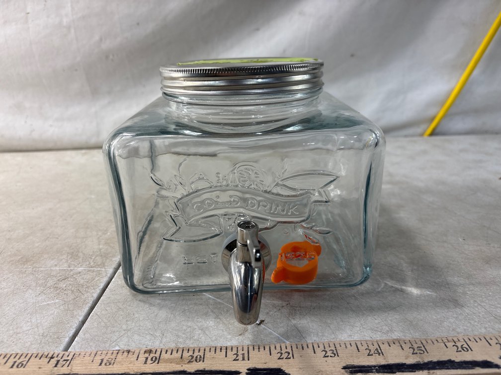 Square Glass Beverage Dispenser with Spigot and Lid