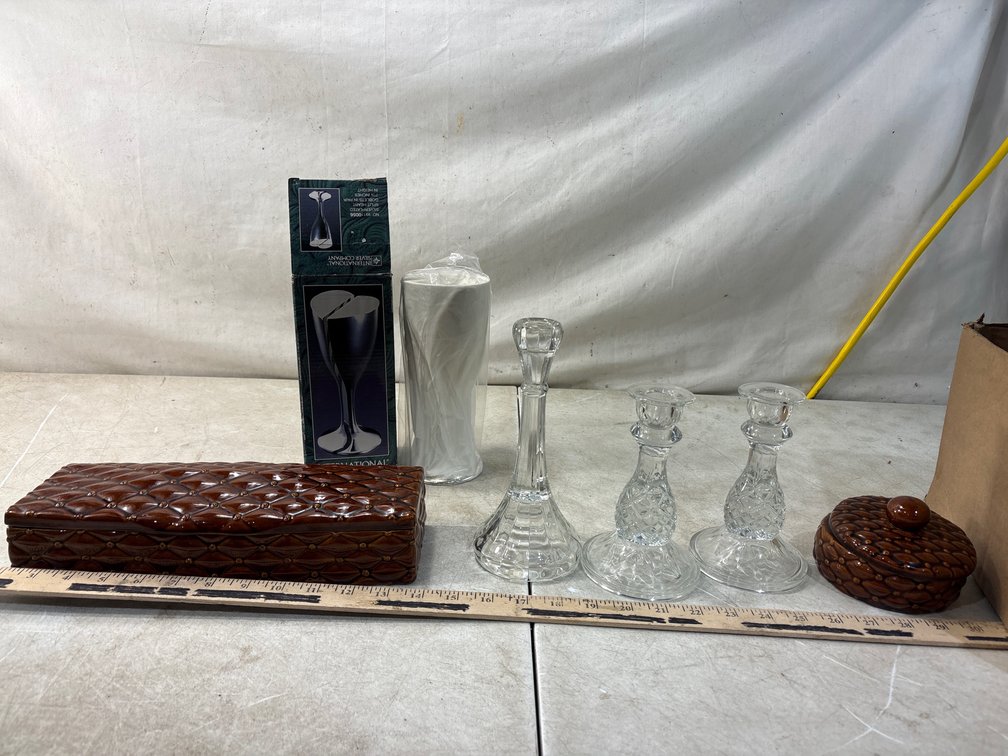 Silverplated Goblet, Glass Candlestick, and Ceramic Box