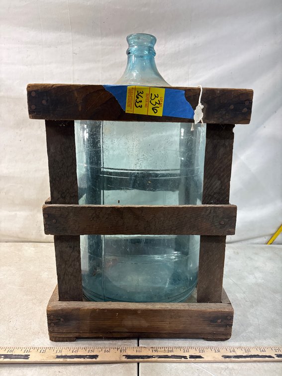 Aqua Glass Carboy Bottle in Wood Crate