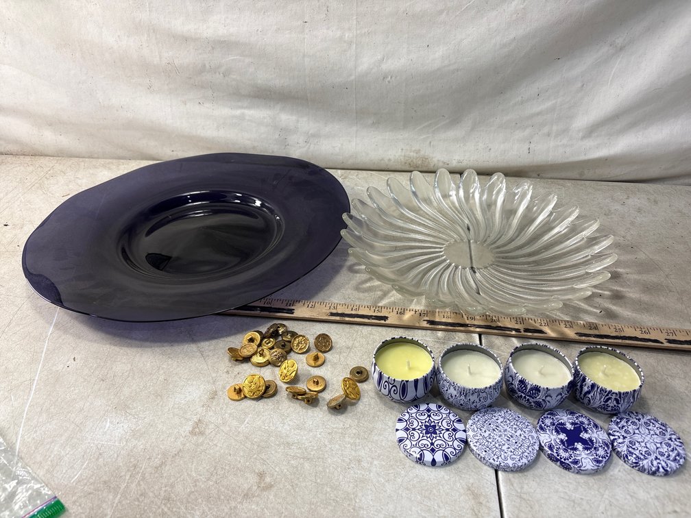Glass Platter, Pressed Glass Bowl, Uniform Buttons, and Candle Tins