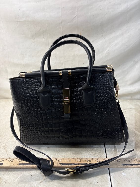 Black Croc-Embossed Satchel Handbag