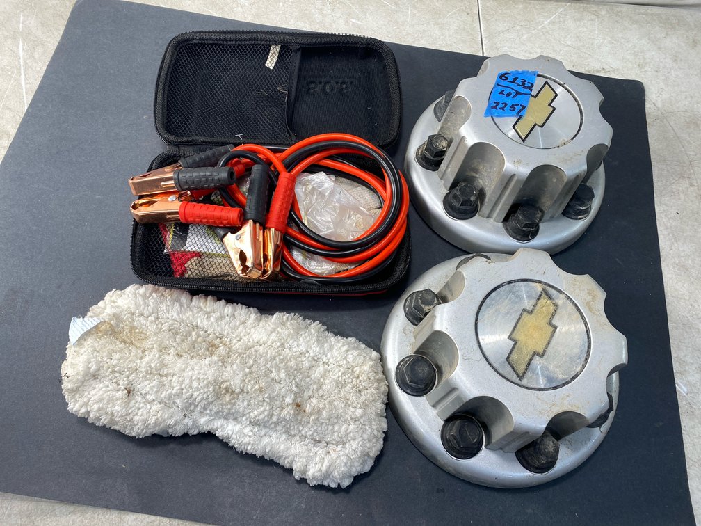 Automotive Center Cap, Booster Cable, and Wash Mitt