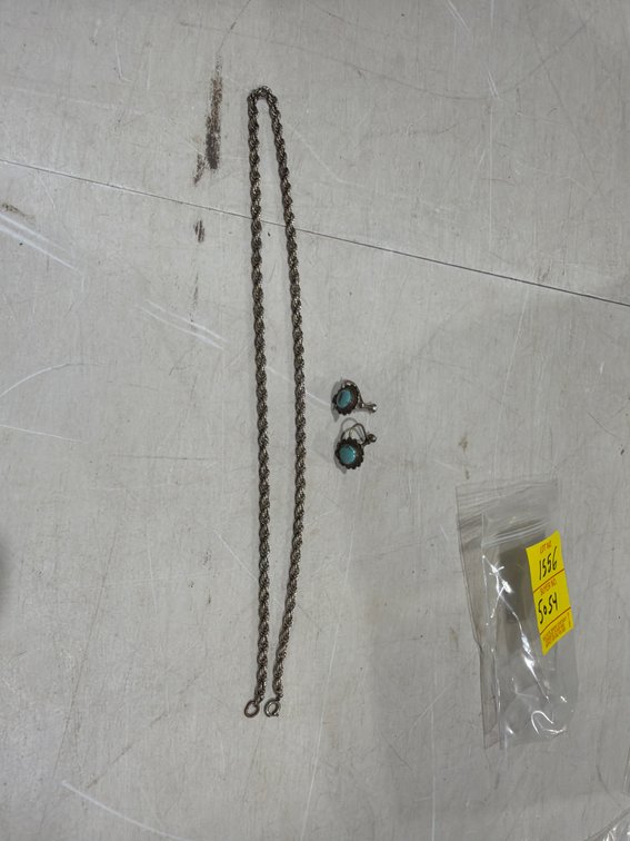 Silver-Tone Rope Chain Necklace and Turquoise Screw-Back Earrings