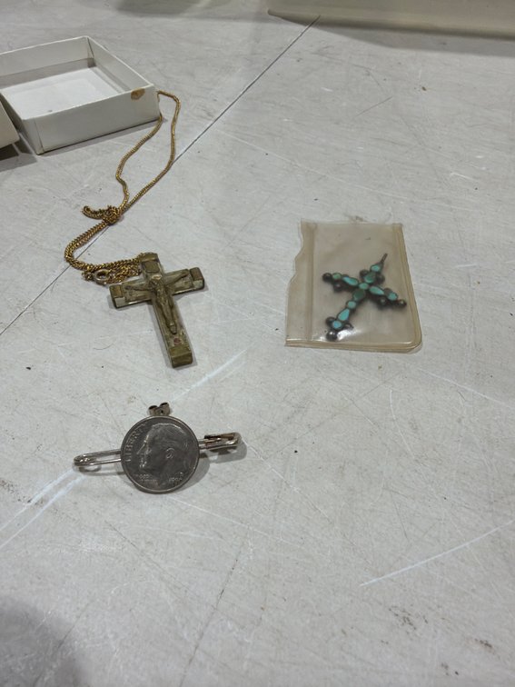 Crucifix Necklace, Turquoise Cross Pendant, and Roosevelt Dime Pin