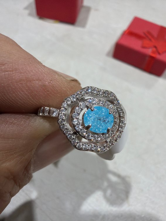 Silver-Tone Double Halo Ring with Light Blue Center Stone