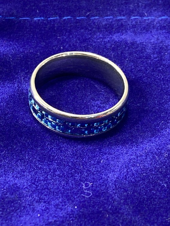 Men's Silver-Tone Band Ring with Blue Inlay