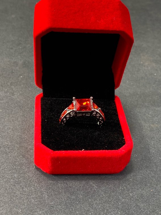 Silver-Tone Ring with Red Stone