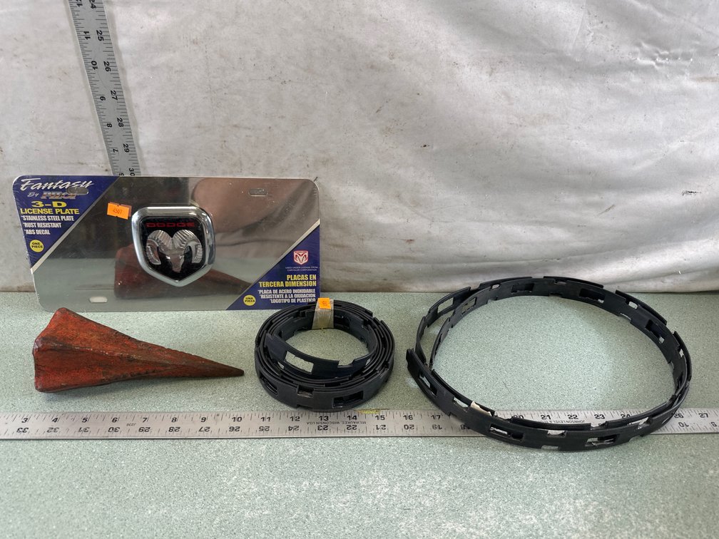 Dodge License Plate, Steel Splitting Wedge, and Trim Rings