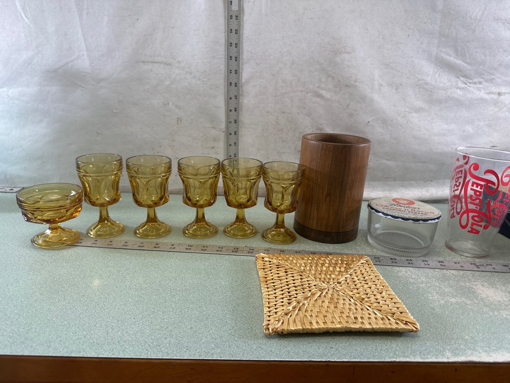 Glassware, Wood Container, Borden's Jar, and Pepsi Glass